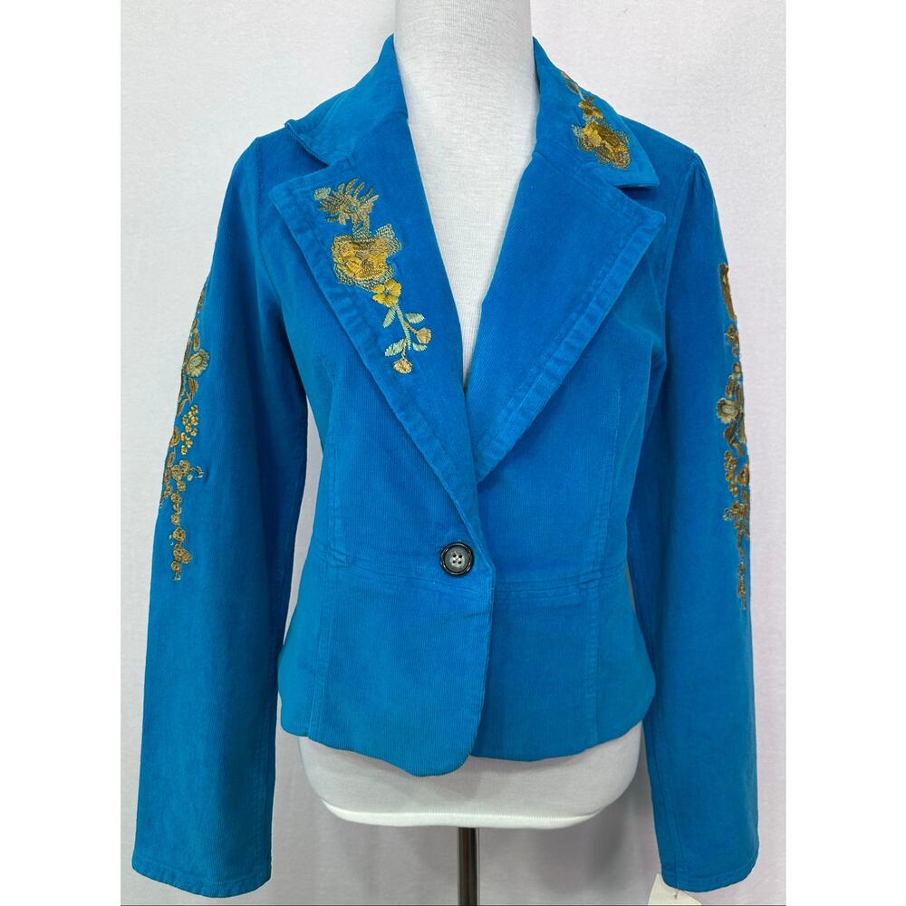 True Meaning Blue Corduroy Floral Embroidered Blazer Jacket Y2K Boho Large - Picture 2 of 12